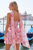 Sweetheart Pink Floral 2 Piece Ruffled A-Line Corset Cocktail Dress with Beading