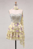 Sweetheart Pink Floral 2 Piece Ruffled A-Line Corset Cocktail Dress with Beading