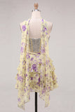 Sweetheart Pink Floral 2 Piece Ruffled A-Line Corset Cocktail Dress with Beading