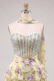 Sweetheart Pink Floral 2 Piece Ruffled A-Line Corset Cocktail Dress with Beading