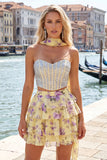 Sweetheart Pink Floral 2 Piece Ruffled A-Line Corset Cocktail Dress with Beading