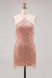 Dusty Rose Bodycon Sequins Mini Cocktail Dress with Fringes