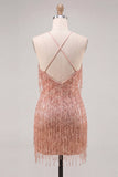 Dusty Rose Bodycon Sequins Mini Cocktail Dress with Fringes