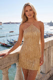Dusty Rose Bodycon Sequins Mini Cocktail Dress with Fringes