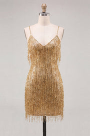Gold Sequins Bodycon Spaghetti Straps Party Dress with Fringes