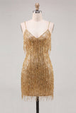 Gold Sequins Bodycon Spaghetti Straps Party Dress with Fringes