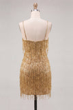 Gold Sequins Bodycon Spaghetti Straps Party Dress with Fringes