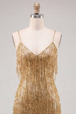 Gold Sequins Bodycon Spaghetti Straps Party Dress with Fringes