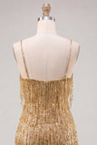 Gold Sequins Bodycon Spaghetti Straps Party Dress with Fringes