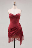 Burgundy Sweetheart Corset Bodycon Ruched Mini Party Dress with Fringes