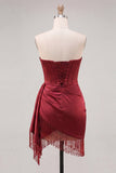 Burgundy Sweetheart Corset Bodycon Ruched Mini Party Dress with Fringes