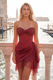 Burgundy Sweetheart Corset Bodycon Ruched Mini Party Dress with Fringes