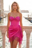 Burgundy Sweetheart Corset Bodycon Ruched Mini Party Dress with Fringes