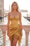 Burgundy Sweetheart Corset Bodycon Ruched Mini Party Dress with Fringes