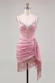 Pink Beaded Bodycon Corset Ruched Fringed Short Cocktail Dress with Sash