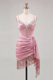 Pink Beaded Bodycon Corset Ruched Fringed Short Cocktail Dress with Sash