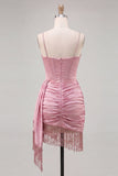 Pink Beaded Bodycon Corset Ruched Fringed Short Cocktail Dress with Sash
