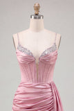 Pink Beaded Bodycon Corset Ruched Fringed Short Cocktail Dress with Sash