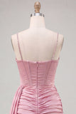 Pink Beaded Bodycon Corset Ruched Fringed Short Cocktail Dress with Sash