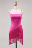 Fuchsia Bodycon Spaghetti Straps Short Cocktail Dress with Fringes