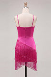 Fuchsia Bodycon Spaghetti Straps Short Cocktail Dress with Fringes