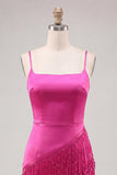 Fuchsia Bodycon Spaghetti Straps Short Cocktail Dress with Fringes