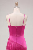 Fuchsia Bodycon Spaghetti Straps Short Cocktail Dress with Fringes