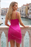 Fuchsia Bodycon Spaghetti Straps Short Cocktail Dress with Fringes