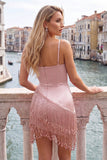 Fuchsia Bodycon Spaghetti Straps Short Cocktail Dress with Fringes