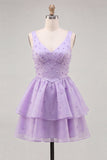 Lilac A-Line Ruffled V-Neck Short Graduation Dress with Pearls