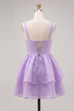 Lilac A-Line Ruffled V-Neck Short Graduation Dress with Pearls