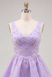 Lilac A-Line Ruffled V-Neck Short Graduation Dress with Pearls
