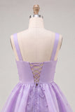Lilac A-Line Ruffled V-Neck Short Graduation Dress with Pearls