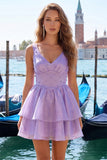 Lilac A-Line Ruffled V-Neck Short Graduation Dress with Pearls