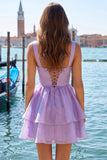 Lilac A-Line Ruffled V-Neck Short Graduation Dress with Pearls