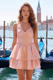Lilac A-Line Ruffled V-Neck Short Graduation Dress with Pearls