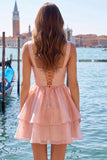 Lilac A-Line Ruffled V-Neck Short Graduation Dress with Pearls