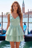 Lilac A-Line Ruffled V-Neck Short Graduation Dress with Pearls