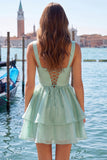 Lilac A-Line Ruffled V-Neck Short Graduation Dress with Pearls