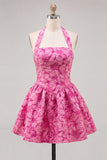 Halter Neck A-Line Fuchsia Jacquard Floral Short Party Dress