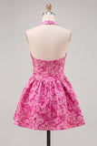 Halter Neck A-Line Fuchsia Jacquard Floral Short Party Dress