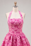 Halter Neck A-Line Fuchsia Jacquard Floral Short Party Dress