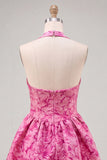Halter Neck A-Line Fuchsia Jacquard Floral Short Party Dress