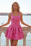 Halter Neck A-Line Fuchsia Jacquard Floral Short Party Dress
