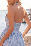Halter Neck A-Line Fuchsia Jacquard Floral Short Party Dress