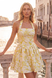 Halter Neck A-Line Fuchsia Jacquard Floral Short Party Dress