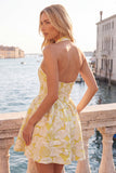 Halter Neck A-Line Fuchsia Jacquard Floral Short Party Dress