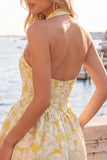 Halter Neck A-Line Fuchsia Jacquard Floral Short Party Dress