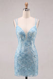 Light Blue Bodycon Spaghetti Straps Short Party Dress