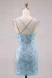 Light Blue Bodycon Spaghetti Straps Short Party Dress